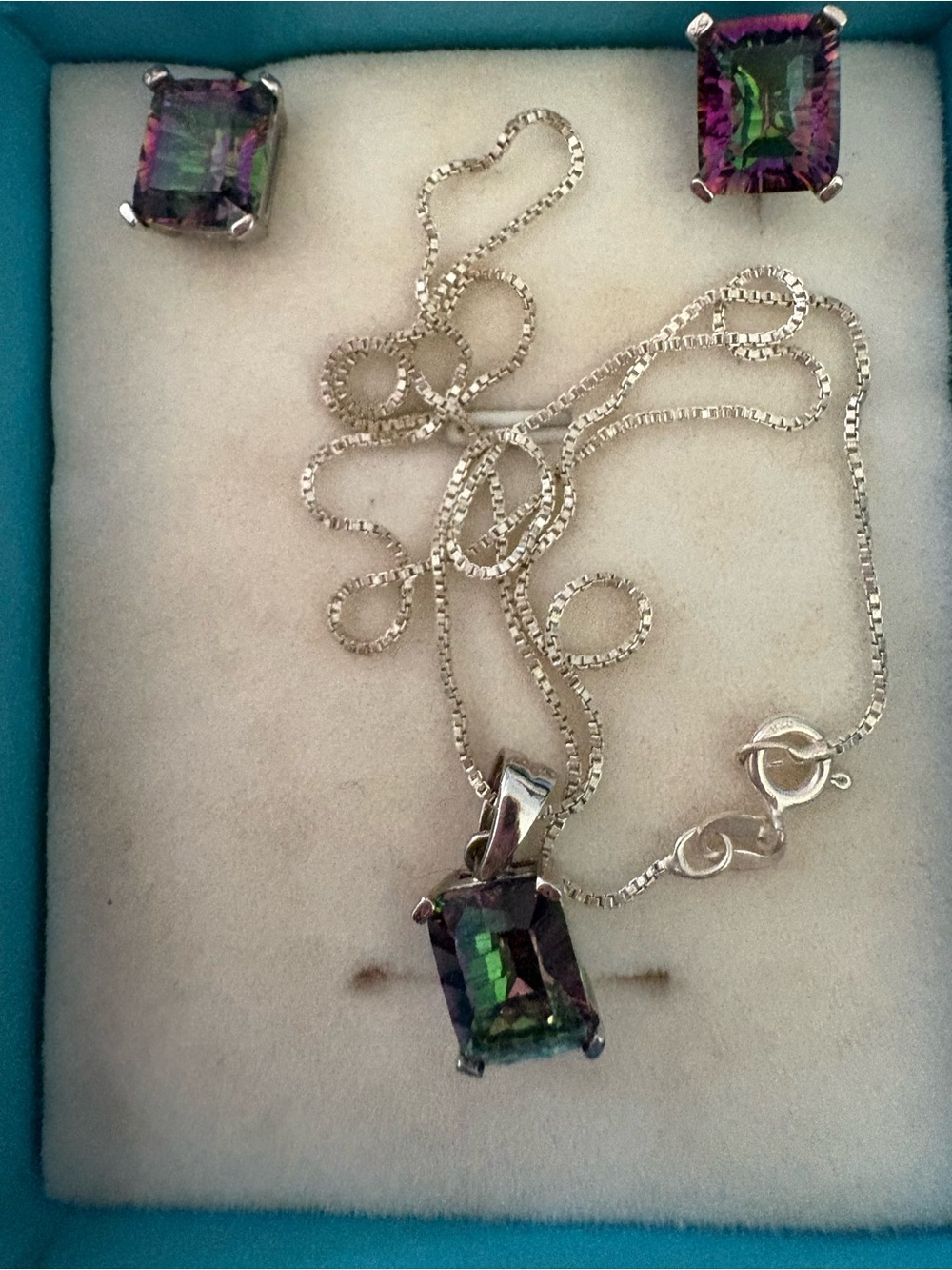 Mystic Topaz Silver Pendant and Stud Earrings Set - Purple/Green